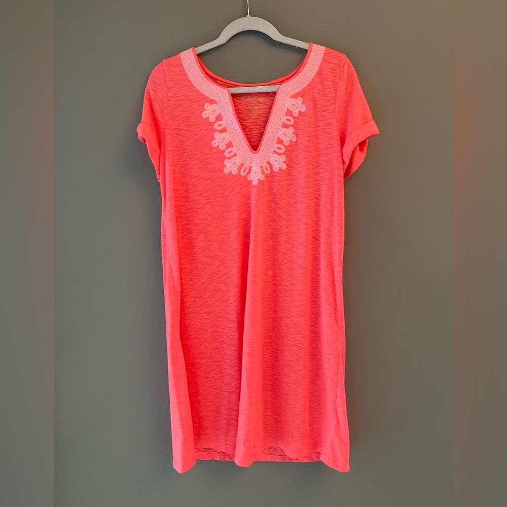 Lilly Pulitzer Neon Coral V-Neck Tunic with White Embroidery